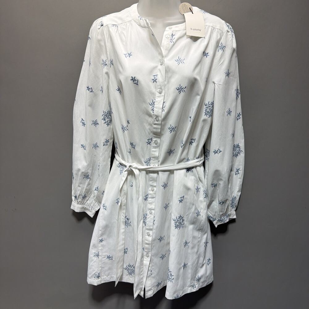 B.Young White Embroidered Floral Tie Waist Shirt Dress Size 36 NWT